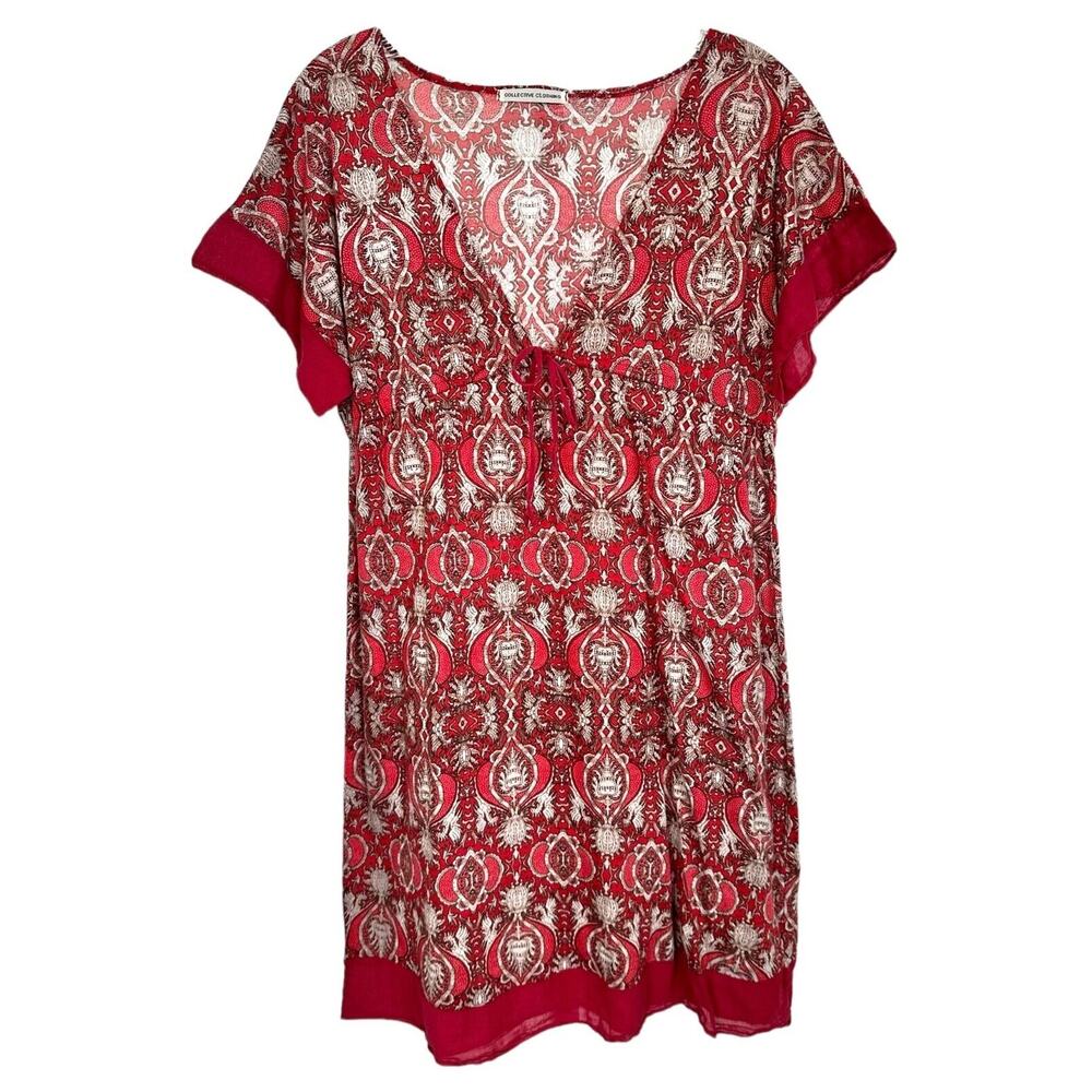 Collective Clothing Women's Boho Dress V-Neck Lightweight Sheer Sz S Red Printed